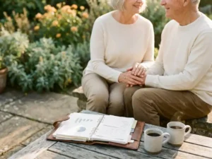 Gepensioneerd stel op zonnig terras met open financiële planner en koffie, warme middagsfeer.