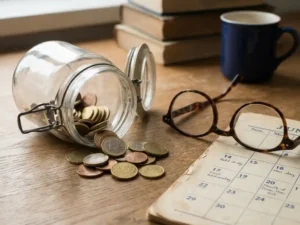 Omgevallen glazen pot met euromunten op een eiken bureau, naast een leesbril en vervaagde kalender, zacht natuurlijk licht.