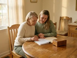 Moeder en volwassen dochter bekijken samen een juridisch document en sieradendoos aan een eiken eettafel in warm middaglicht.