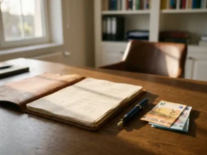 Leren gebonden nalatenschap document op eikenhouten bureau met vulpen en eurobiljetten, warm middaglicht.