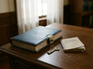 Leren erfgoeddocument naast een huissleutel en spaarbankboekje op een donker eikenhouten bureau, zacht natuurlijk licht.