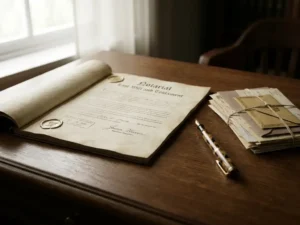 Notarieel testament op donker eiken bureau naast vulpen en financiële documenten, warm natuurlijk licht, rustige sfeer.