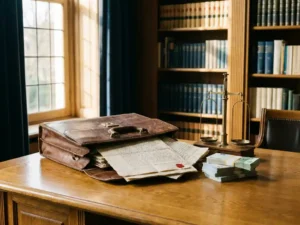 Versleten leren aktetas op eikenhouten bureau met notariële documenten, eurobiljetten en een antieke messing weegschaal in warm middaglicht.