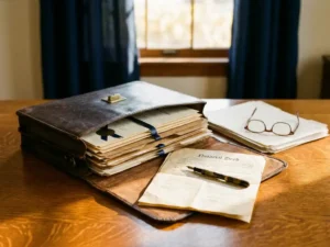 Openliggende leren aktetas op eikenhouten bureau met notariële akte, vulpen en leesbril in warm middaglicht.