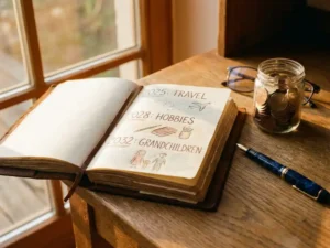 Opengeslagen leren notitieboek met handgeschreven pensioenplanning, vulpen en glazen pot met euromunten op een eiken bureau in warm middaglicht.