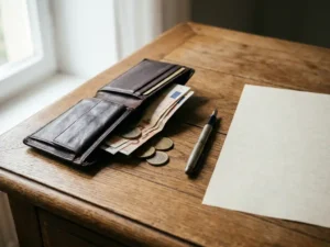 Opengevouwen versleten leren portemonnee op notarieel bureau naast blanco document, vulpen en euromunten en bankbiljetten.