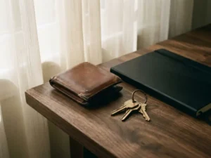 Versleten leren portemonnee en huissleutels op donker houten tafel naast gesloten zwart notitieboek, zacht middaglicht.