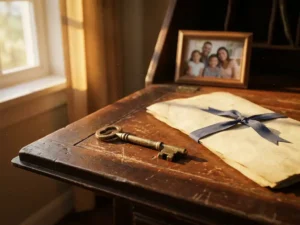 Huissleutel op notarisbureau naast gevouwen eigendomsakte, met gezinsfoto op de achtergrond in warm gouden middaglicht.