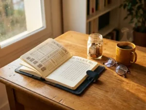 Opengeslagen leren notitieboek met handgetekende spaargrafiekjes op eikenhouten bureau, naast een glazen pot met euromunten en dampende koffie.