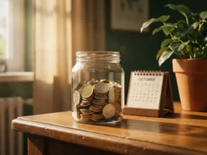 Glazen pot gevuld met euromunten op een houten bureau, naast een kalender en groene plant in warm middaglicht.