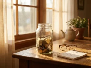 Verweerde glazen pot gevuld met gouden munten op een eiken tafel, met een leesbril en kalender in warm middaglicht.