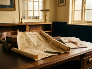 Verouderd stamboomdocument op een donker eikenhouten notarisbureau naast een vintage vulpen en gevouwen testament, warm middaglicht.