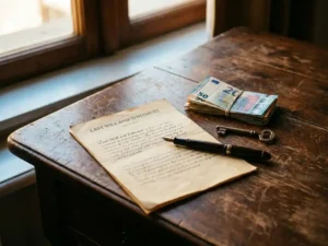 Vergeeld testament op houten bureau met vulpen, eurobiljetten en messing sleutel symboliseert erfenis en nalatenschap.