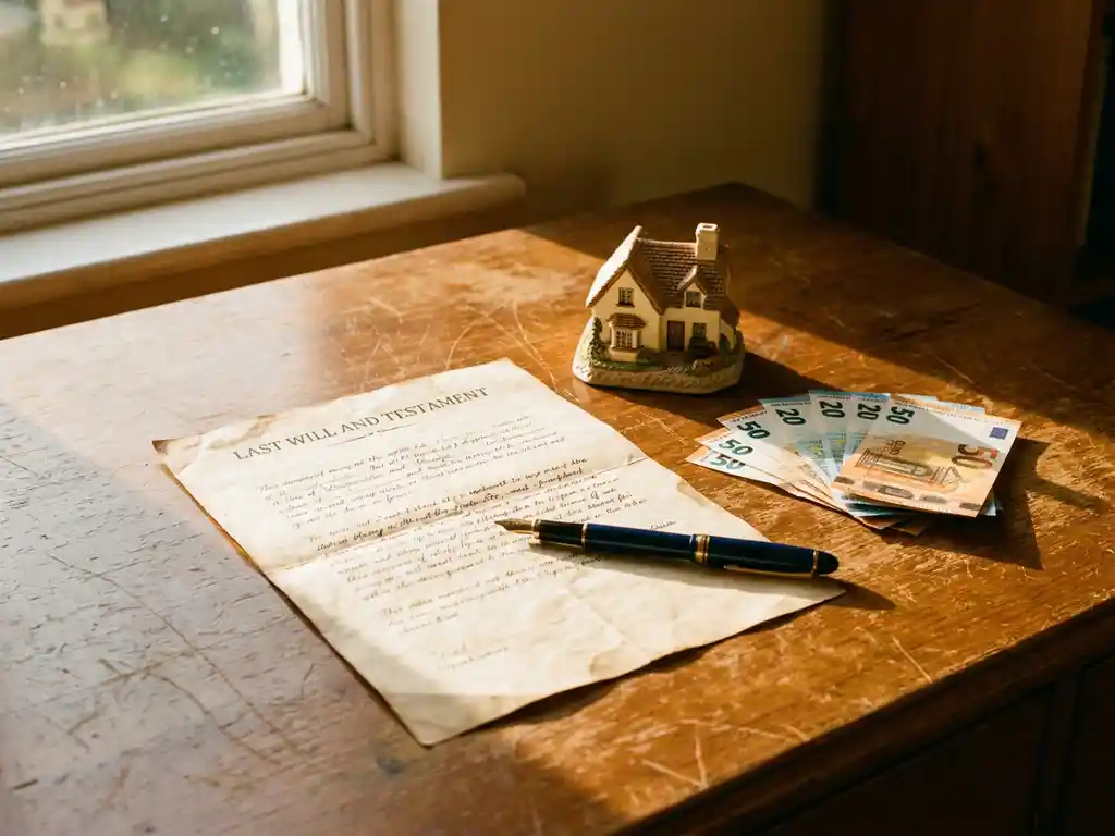 Open testament document op houten bureau met vulpen, miniatuur woonhuis en eurobiljetten in warm middaglicht.