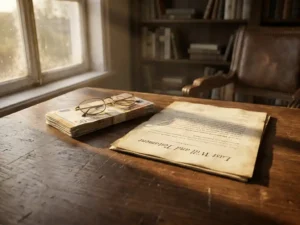Opengeslagen testament op een verweerd houten bureau naast gestapelde eurobiljetten en een leesbril, warm middaglicht.