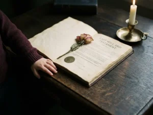 Klein kinderhandje naast een opengeslagen testament op een donker eikenhouten notarisbureau, met een gedroogde bloem tussen de pagina's.