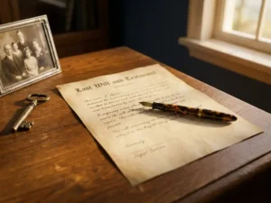 Handgeschreven testament op donker eiken bureau met vintage vulpen, familiefoto en antieke messing sleutel in warm gouden licht.