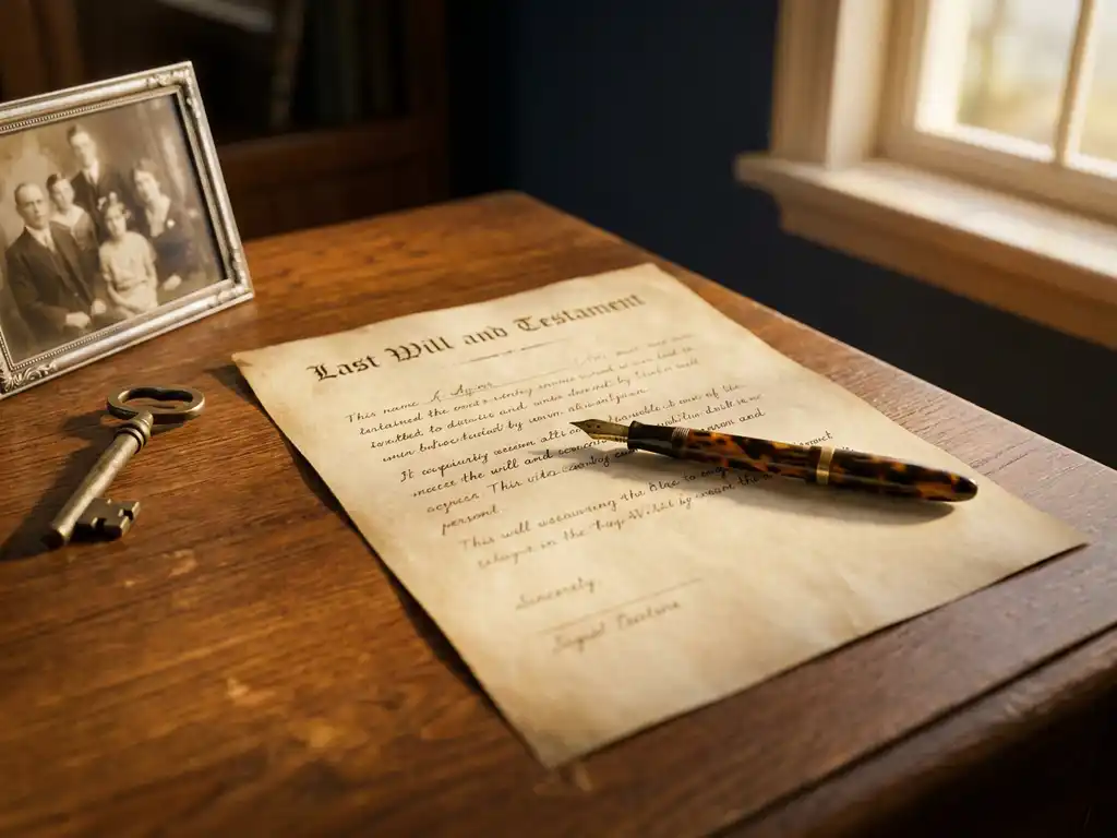 Handgeschreven testament op donker eiken bureau met vintage vulpen, familiefoto en antieke messing sleutel in warm gouden licht.