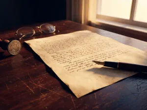 Handgeschreven testament op oud crèmepapier met vulpen, notarisszegel en leesbril op mahonie bureau in warm amberkleurig licht.