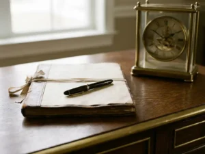 Leren testament en vulpen op een gepolijst notarisbureau naast een antiek uurwerk, in warm mahonie- en goudtinten.