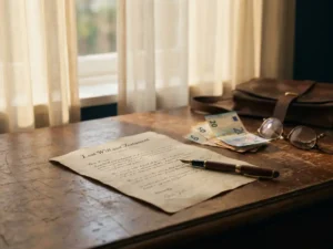 Opengeslagen testament op verweerd houten bureau met vulpen, eurobiljetten en leesbril in warm middaglicht.
