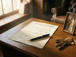 Handgeschreven testament op donker eiken bureau met vulpen, familiefoto en antieke huissleutels in warm goudkleurig licht.