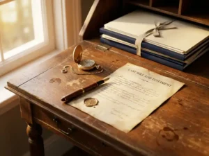 Verouderd houten bureau met opengeslagen testament, vulpen, erfstuk zakhorloge en juridische mappen in warm goudkleurig licht.
