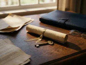 Formeel testament en huissleutel op gepolijste eiken tafel met juridische documenten, warm middaglicht in goud- en marineblauw tinten.