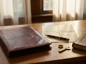 Versleten leren portfolio op eikenhouten bureau met vulpen, trouwring en huissleutel in warm middaglicht.