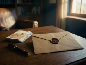 Verzegelde bruine envelop met waszegelstempel op eikenhouten bureau naast eurobiljetten en een vulpen, warm zijlicht.