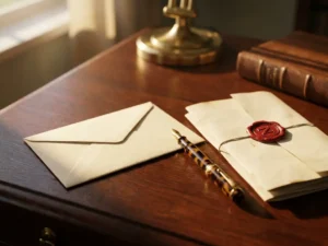 Verzegelde crèmekleurige envelop op notarisbureau van donker eikenhout, naast vulpen en officieel document met rood lakzegel.